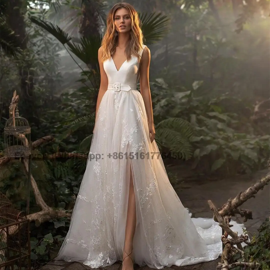 Charming V-Neck Tulle Wedding Dresses Split Sleeveless Lace Appliques Bridal Gowns Backless A-Line Court Train Vestidos De Novia
Charming V-Neck Tulle Wedding Dresses Split Sleeveless Lace Appliques Bridal Gowns Backless A-Line Court Train Vestidos De Novia