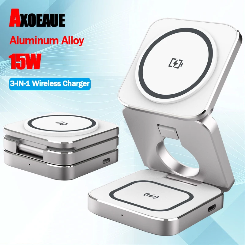 

AXOEAUE Foldable 3 in 1 Wireless Charger Aluminum Alloy Charging Station for Magsafe iPhone 15/14/13/12 Pro Max 15W Fast Charger