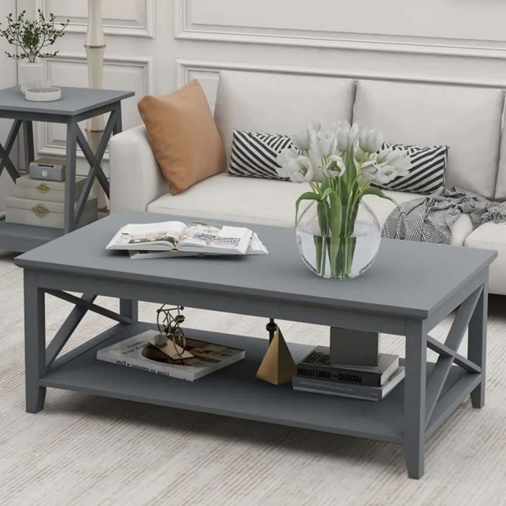 

Coffee Table Classic X Design for Living Room, Rectangular Modern Cocktail Table with Storage Shelf, 39 Inch Grey Coffee Tables