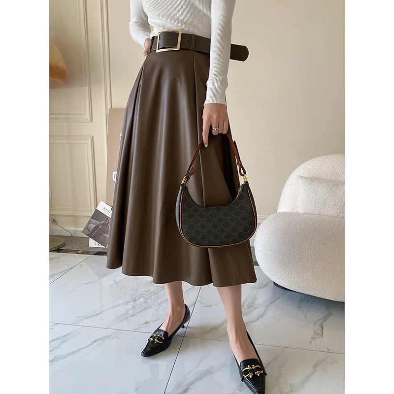 

leather umbrella skirt High waist petite skirts mid-length Women Early spring new Long Faldas