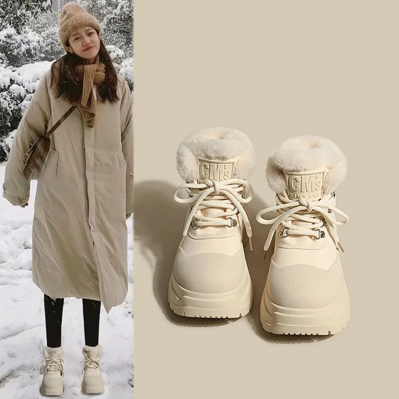 

Однотонные зимние ботинки, зимние плюшевые женские ботильоны, толстая хлопковая обувь на толстой подошве, ботинки мартинсы на платформе со шнуровкой, нескользящая обувь