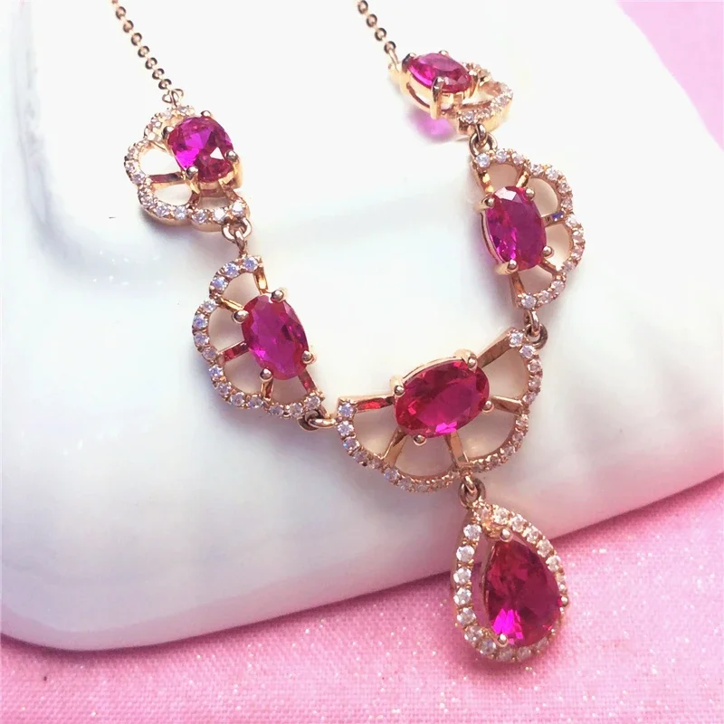 

585 Purple Gold 14K Rose Gold Ruby Water Drop Petals Pendant Exquisite Luxury Necklace Wedding Engagement Jewelry Accessories