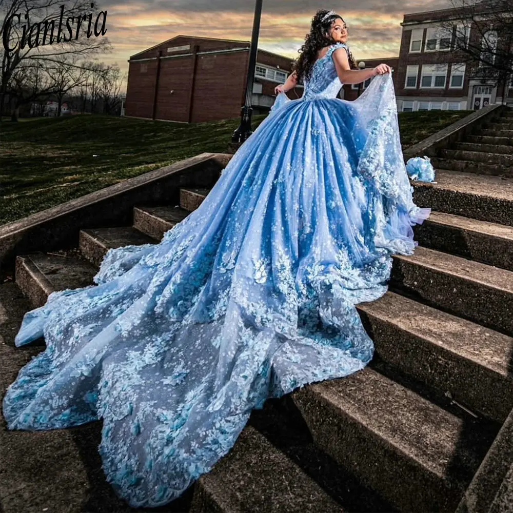 Light Blue 3D Flowers Appliques Lace Ball Gown Quinceanera Dress Off The Shoulder Glitter Crystal Corset Vestidos De XV Años
Light Blue 3D Flowers Appliques Lace Ball Gown Quinceanera Dress Off The Shoulder Glitter Crystal Corset Vestidos De XV Años