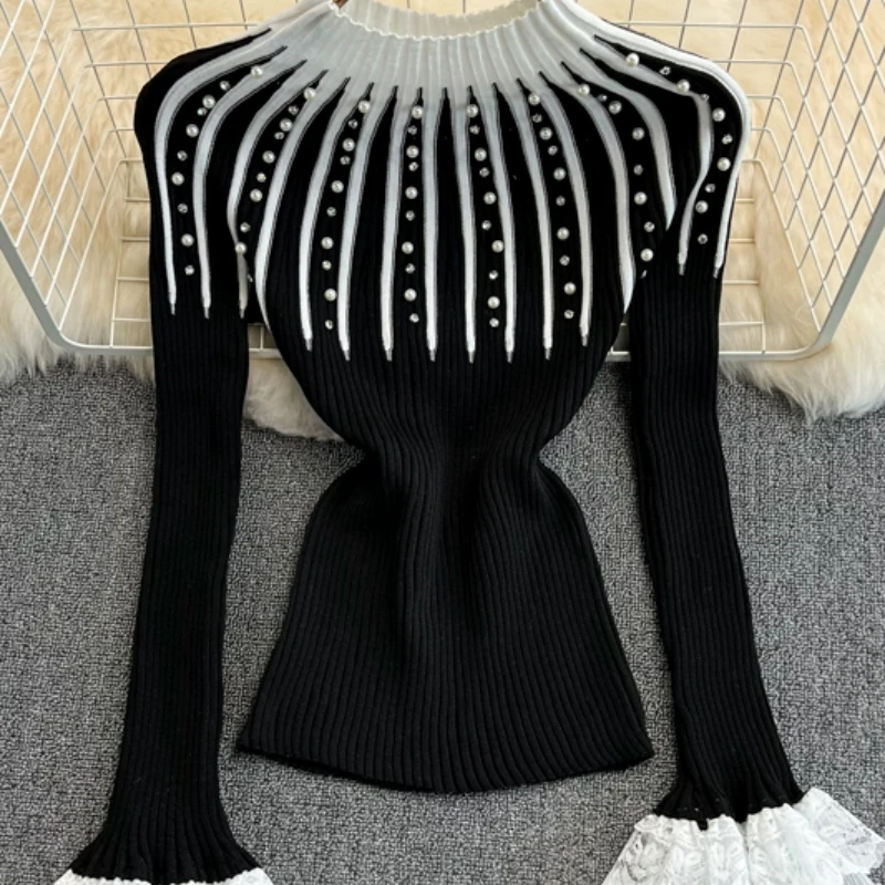 

Autumn Pearls Diamonds Beaded Sweater Lace Spliced Flare Sleeves Rhinestones Pullovers Slim Knitted Bottoming Shirts Jumper Tops