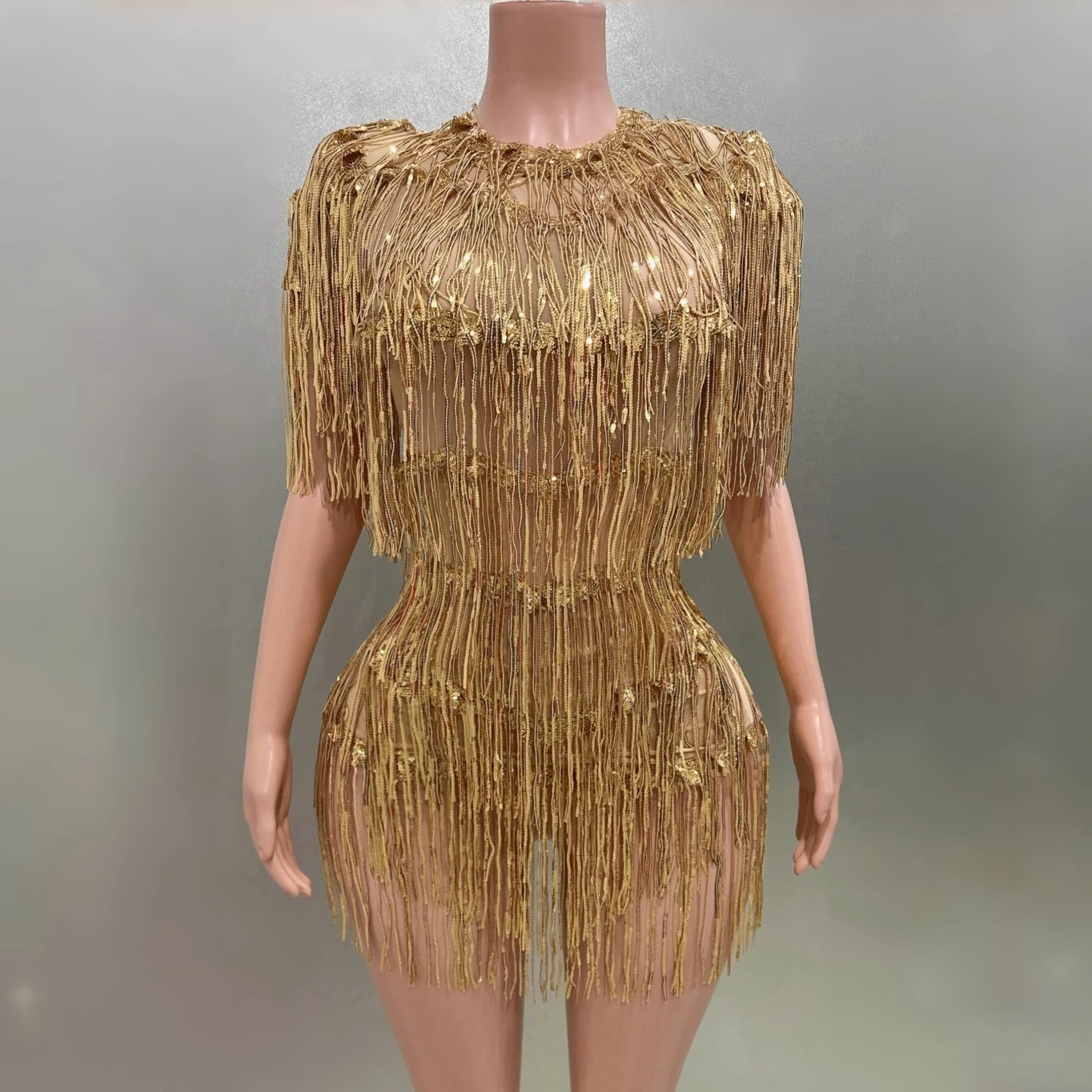 

Sparkly Gold Tassels Sexy Mesh Sheath Mini Dress Birthday Evening Party Performance Costume Nightclub Singer Dancer Stage Wear