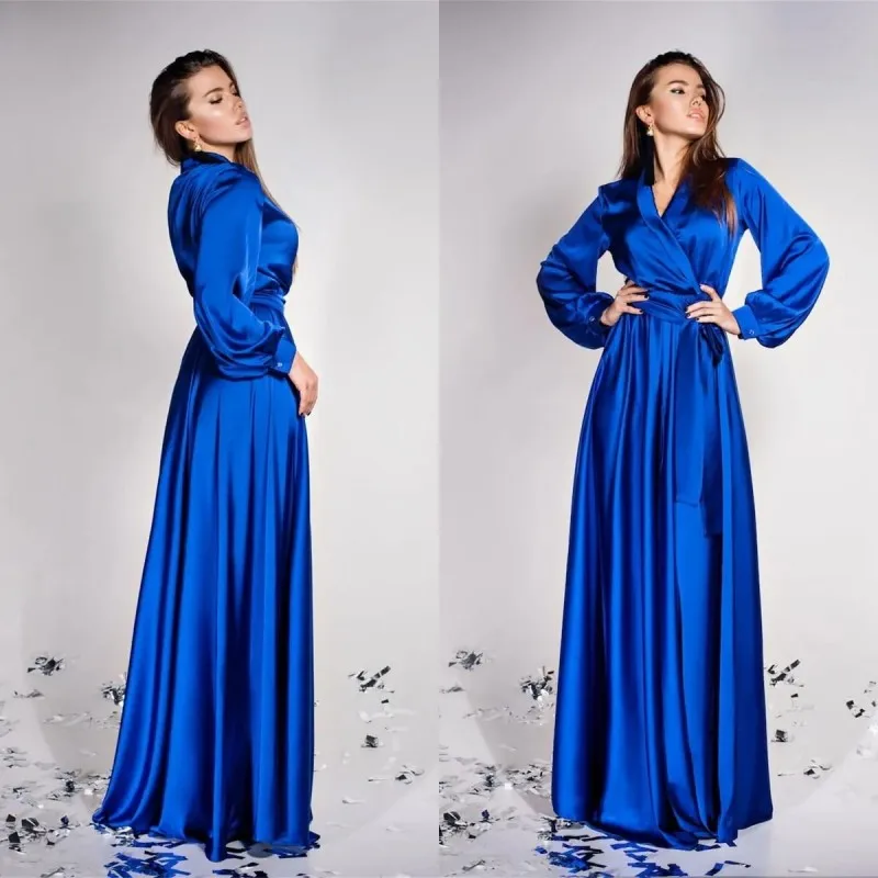 

Winter Royal Blue Silk Long Sleeve Bathrobe Women Sexy V Neck Kimono Pajamas Pregnant Party Sleepwear Nightgown Wedding Robes