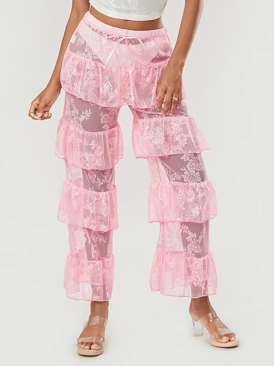 

wsevypo Fairycore Floral Lace Sheer Tiered Pants Women's Mid Waisted Cover-ups Trousers See-through Layered Mesh Long Pants