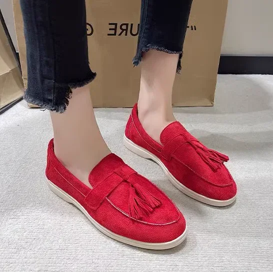 Womens Flock Thick Bottom Driving Shoes Round Toe Flock Tassel White Sole Soft Moccasines In Green Black Wide Fits Slip-On 35-45 Womens Flock Thick Bottom Driving Shoes Round Toe Flock Tassel White Sole Soft Moccasines In Green Black Wide Fits Slip-On 35-45