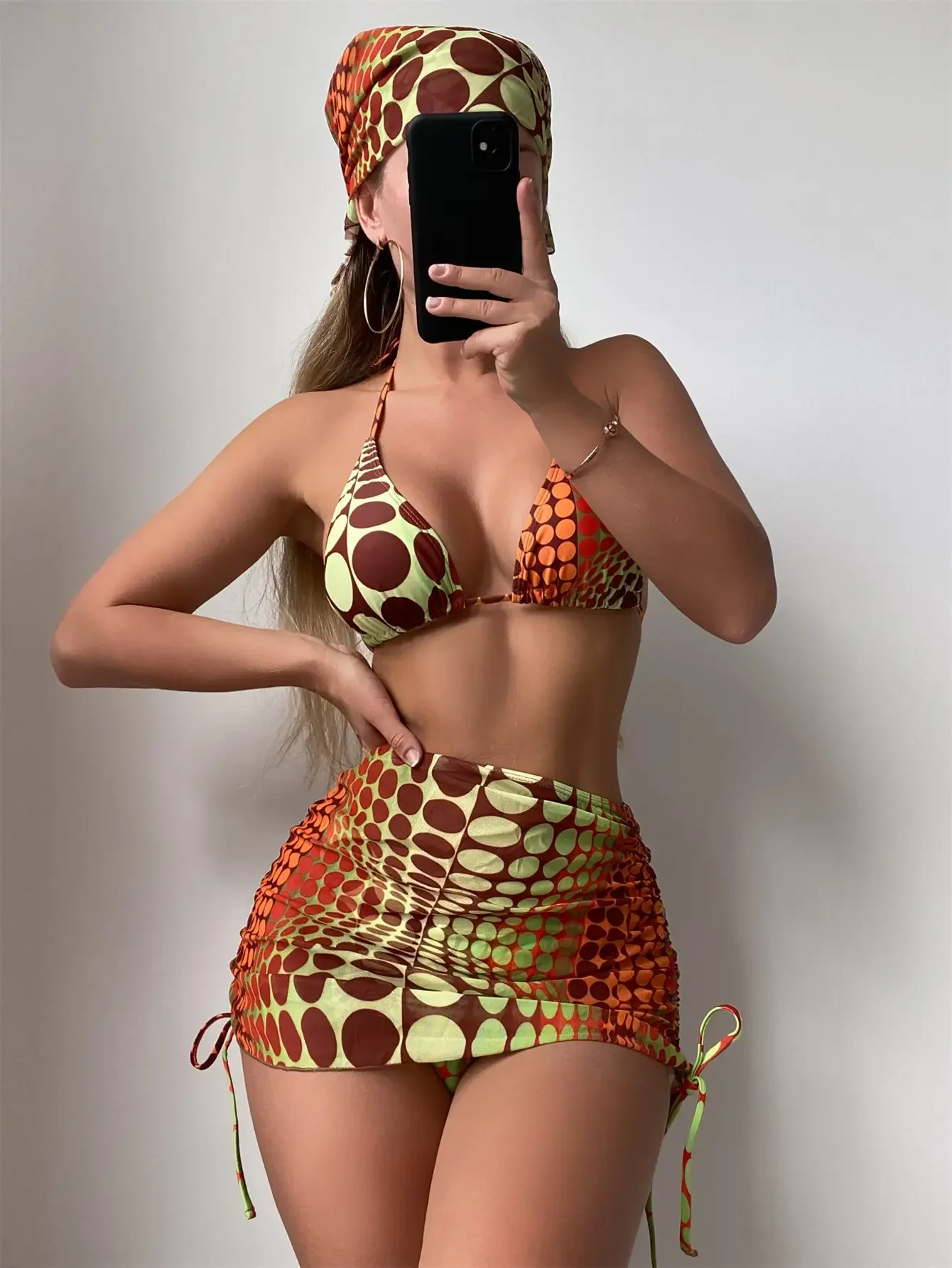 

4 Pieces Random Dot Print Tie Side Halter Bikinis Swimsuit & Beach Skirt Sexy Swimwear Women 2023 Bathing Swimming Suit Female