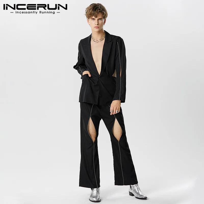 

INCERUN 2023 American Style New Men's Casual Sexy Sets Long Sleeve Suit Pants Fashion Hollow Splice Strips Two Piece Sets S-5XL