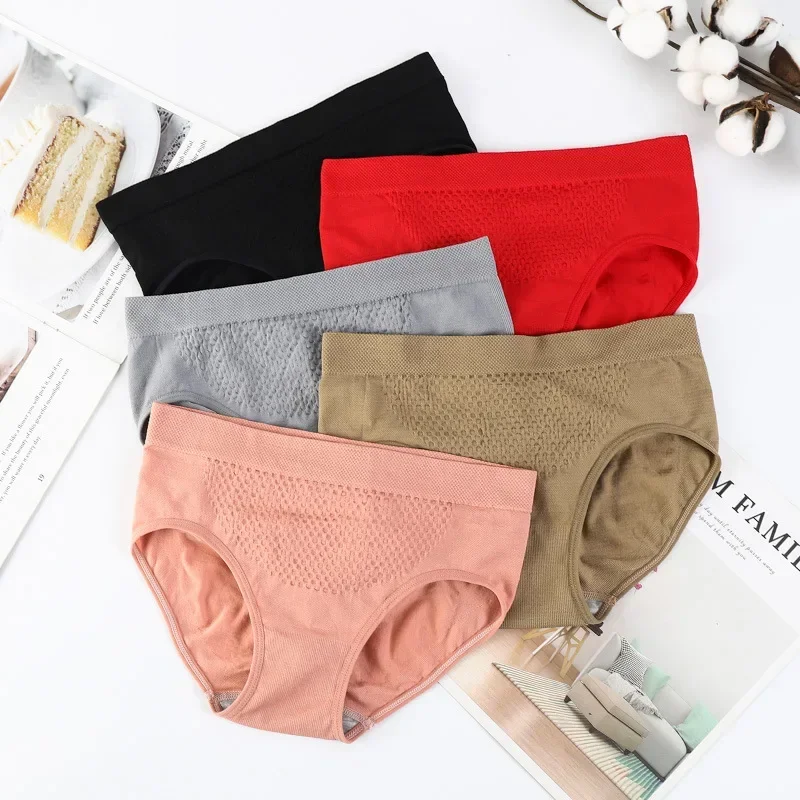 

New Fashion Solid Color Mid-waist Honeycomb Underwear Women's Cotton Crotch, Abdomen and Buttocks Seamless Ladies Briefs.