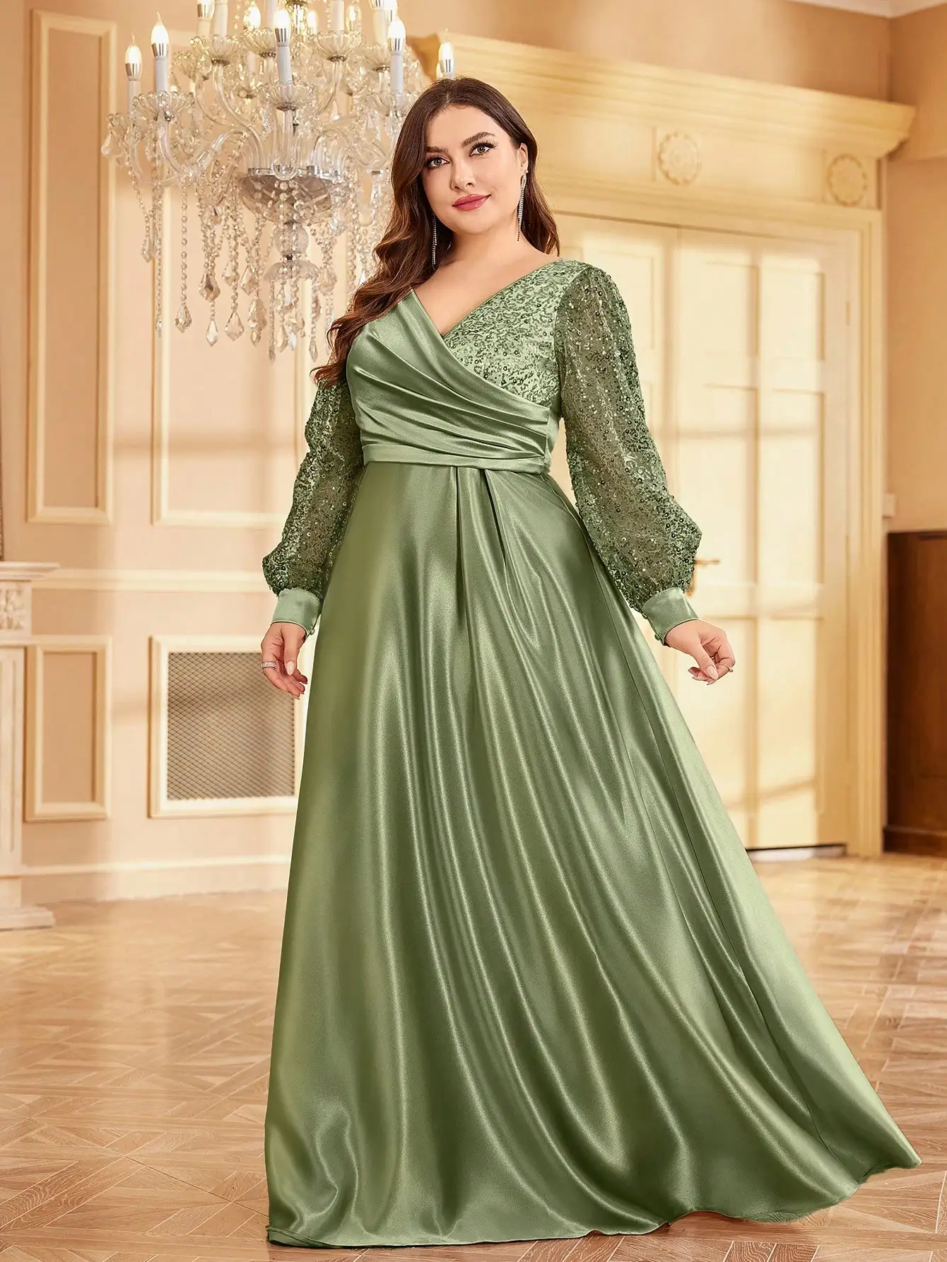

Lucyinlove Plus Size Luxury Green V-Neck Sequin Evening Dress Elegant Women Party Maxi Dress Long Sleeve Cocktail Dress Prom