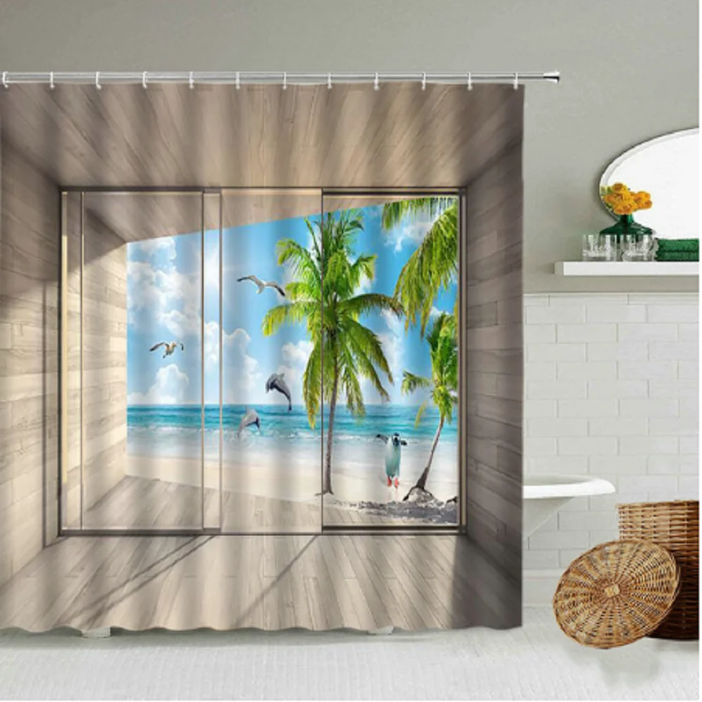 

Opening Window Sea Scenery Bath Curtains Seaside Beach Palm Trees Ocean Nature Landscape Bathroom Decor With Hooks Bath Screen