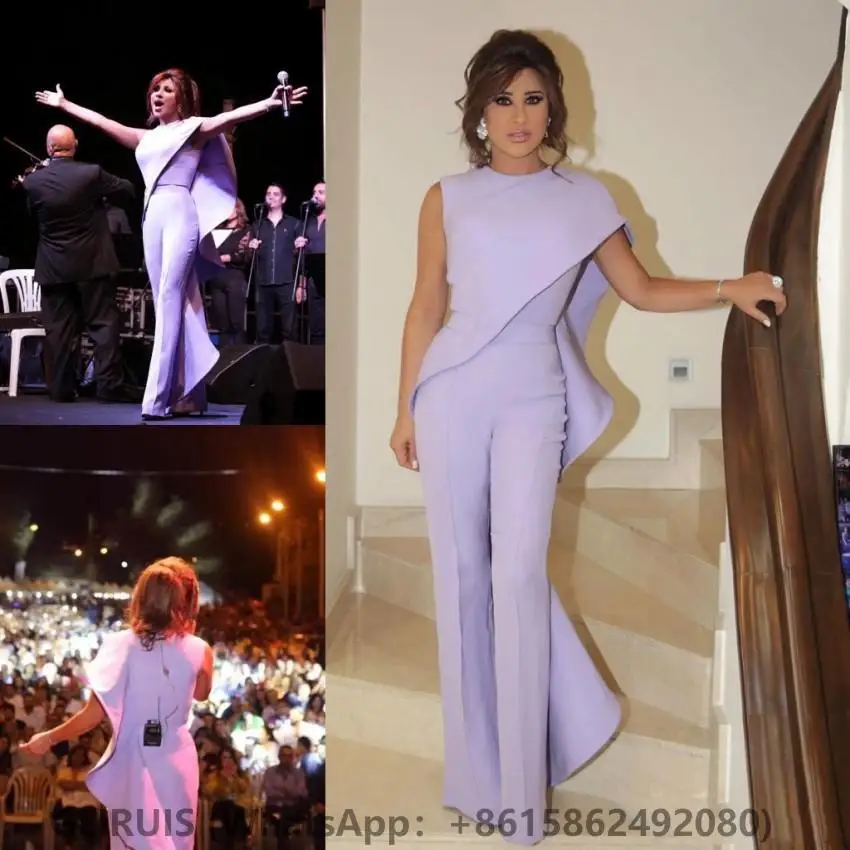 

Lavender Jumpsuit Women Prom Evening Dresses Arabic Jewel Neck Plus Size Formal Party Wear Sheath Ruffled Celebrity Gowns