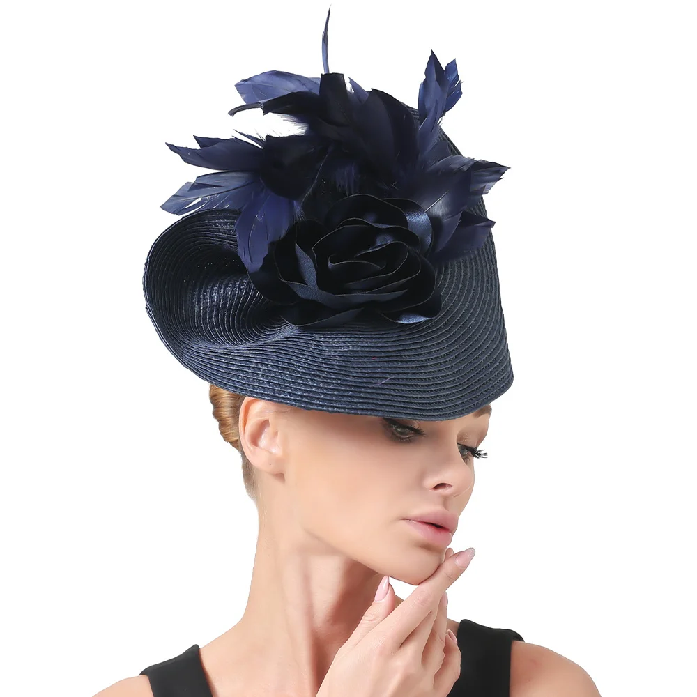 

Головной убор женский из искусственной соломы, крупная темно-синяя шляпа с перьями и цветами, модная Федора для свадьбы