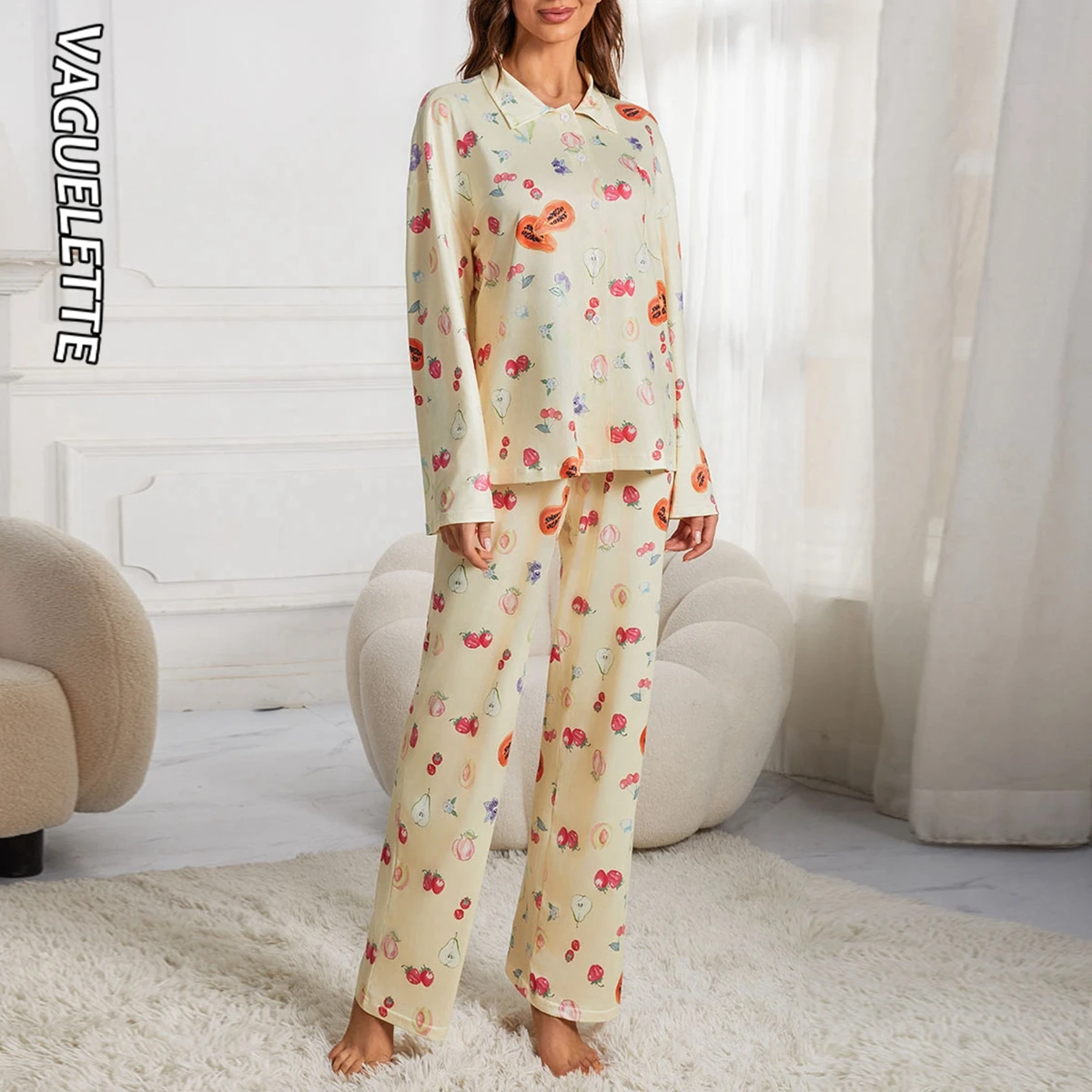 

VAGUELETTE Womens Fruit Pajama Set Cute Pj Set Long Sleeve Button Down Shirt With Wide Leg Lounge Pants Soft Sleepwear