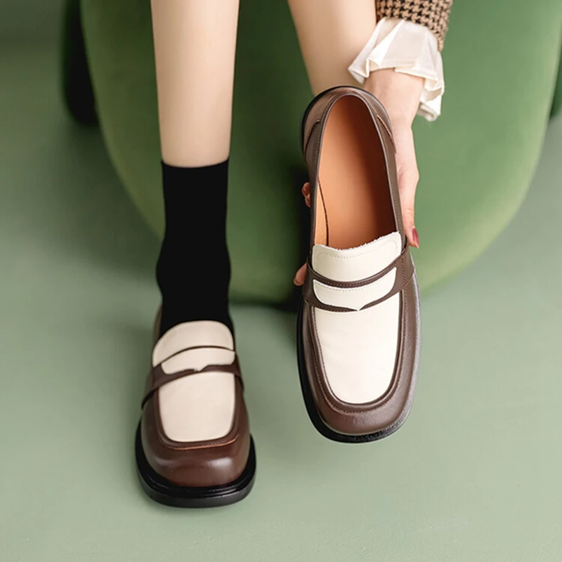 

Лоферы женские из натуральной кожи, туфли-лодочки с квадратным носком, на массивном каблуке, без застежки, разноцветные, весна/осень