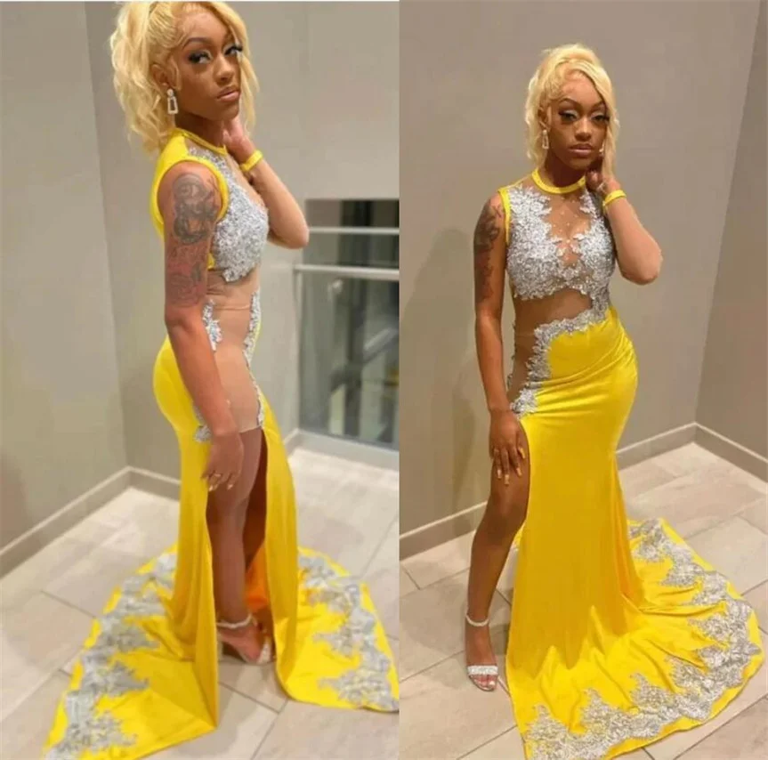 Sexy Yellow Prom Dresses Silver Lace Applique Sider Split Formal Evening Gowns Maxi Night Party Outfits Mermaid vestido fiesta
Sexy Yellow Prom Dresses Silver Lace Applique Sider Split Formal Evening Gowns Maxi Night Party Outfits Mermaid vestido fiesta