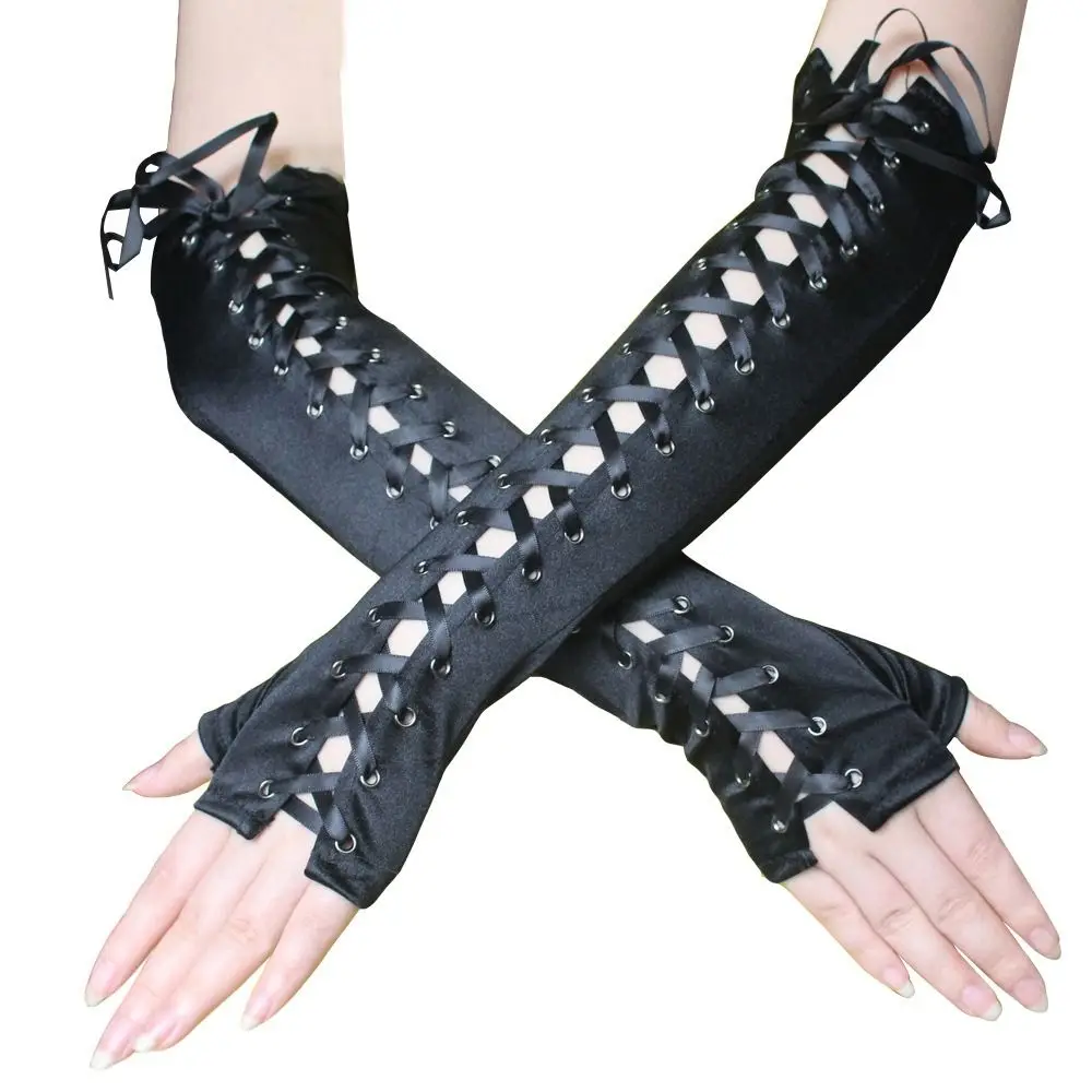 

Sexy Lace Gloves Winter Elbow Lace Long Gloves Length Half-Finger Gloves Ribbon Fingerless Fishnet Mesh Ceremonial Party Gloves
