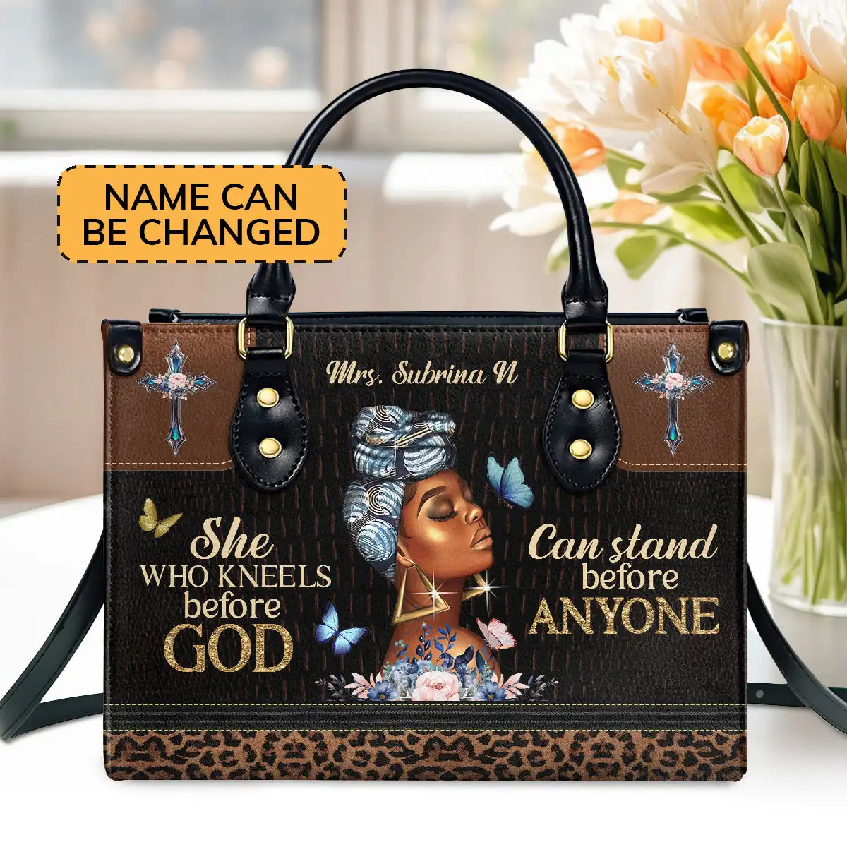 

Personalized Leather Handbag She Who Kneels Before God Can Stand Before Anyone Pattern Shopping Bag Big Capacity Crossbody Bag