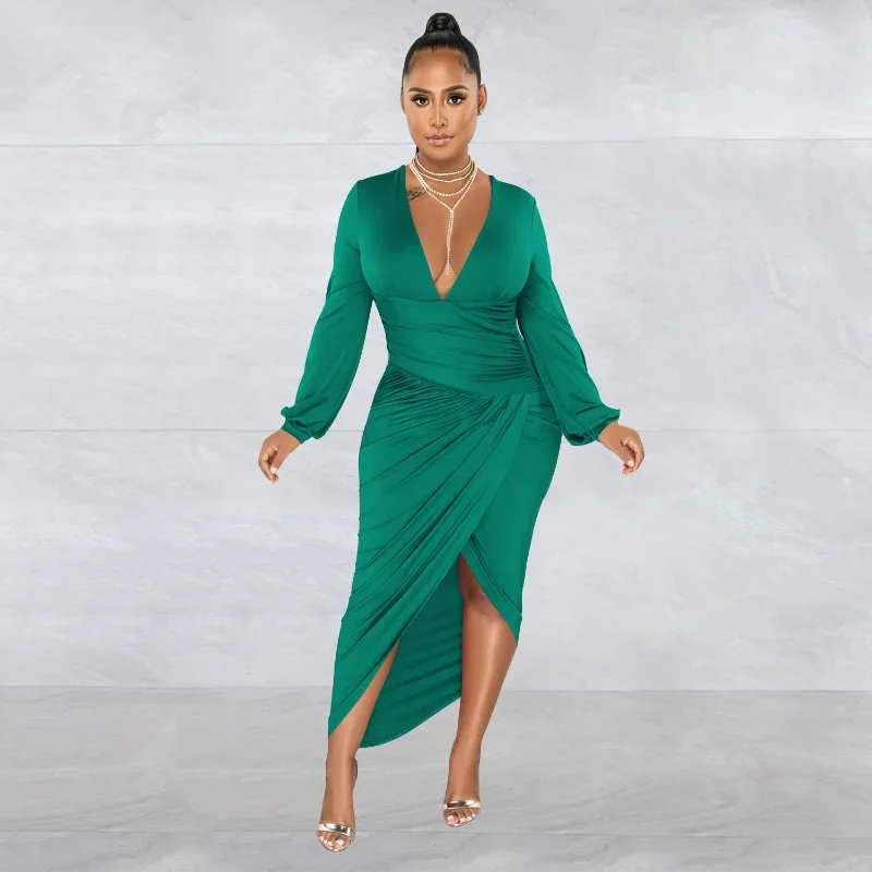 

WUHE Asymmetrical Ruched High Side Slit Wrap V-neck Maxi Bodycon Women Dress Long Sleeve Vintage Chic Female Party Prom Dress