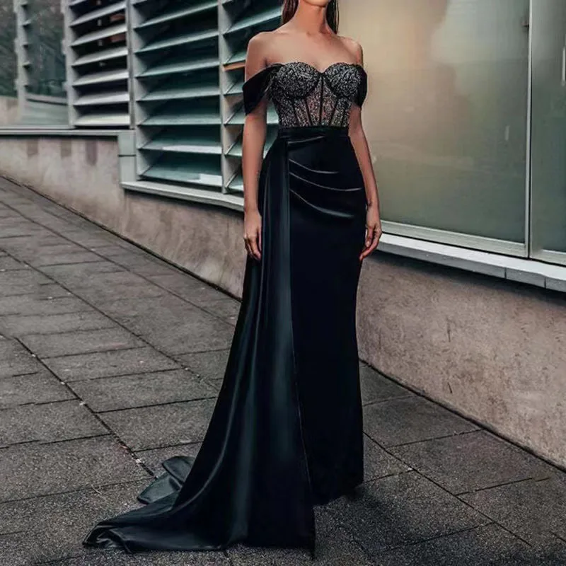 

Women's Sexy Backless Evening Dress Long Black Lace Strapless Shoulder Slit Mermaid Prom Dress 2023 Party Dress