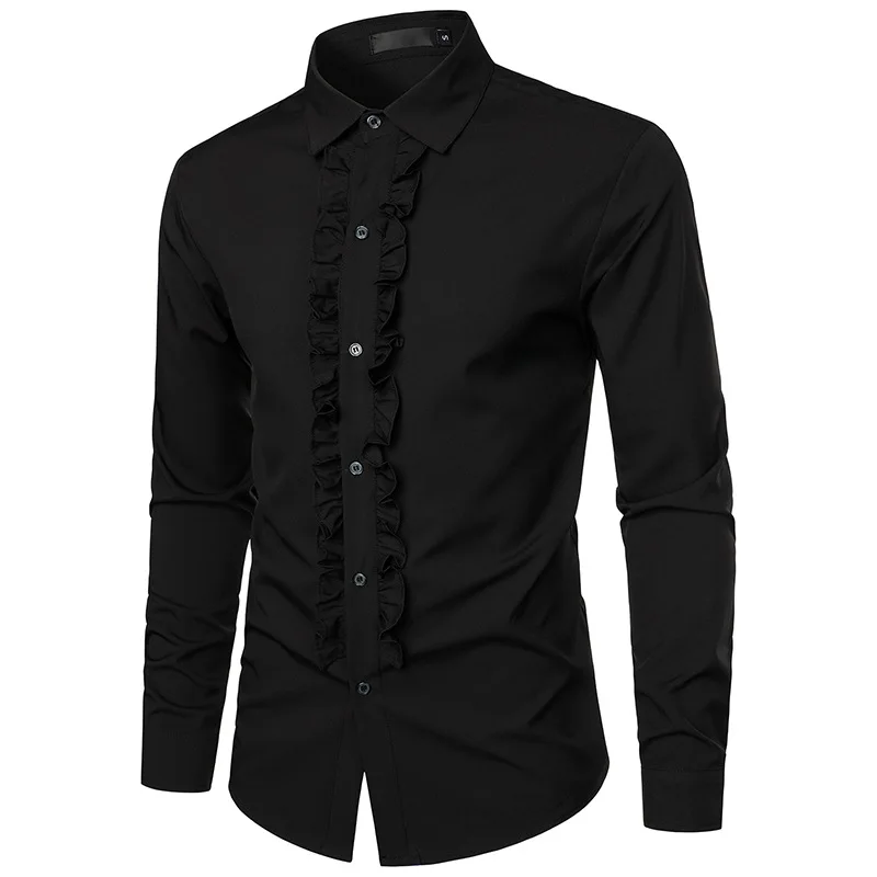 

Black Ruffle Ruche Frill Dinner Tuxedo Shirt Men 2023 Brand New Long Sleeve Button Down Pleats Shirts Men Retro Party Prom Shirt