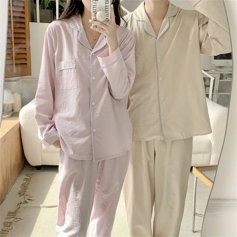 

Autumn New Couple Striped Pajamas Set Long-Sleeved Lapel Home Clothes Two-piece Simple Ins Women Loose Cotton Pajamas Sweet D471