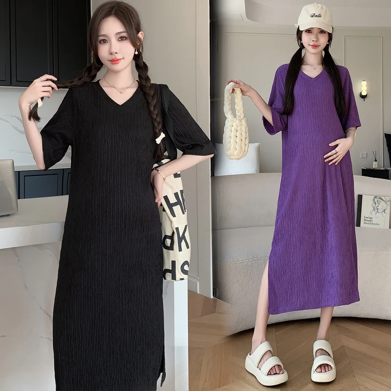 

XL-3XL Korean Style Mayernity Summer Dress Short Sleeve V-neck Pregnant Woman Dobby Dress Side Split Long Loose Pregnancy Dress