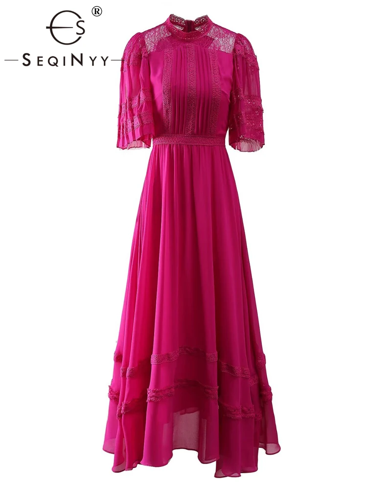 

SEQINYY Elegant Midi Dress Summer Spring New Fashion Design Women Runway High Street Short Sleeve Lace Spliced A-Line Casual