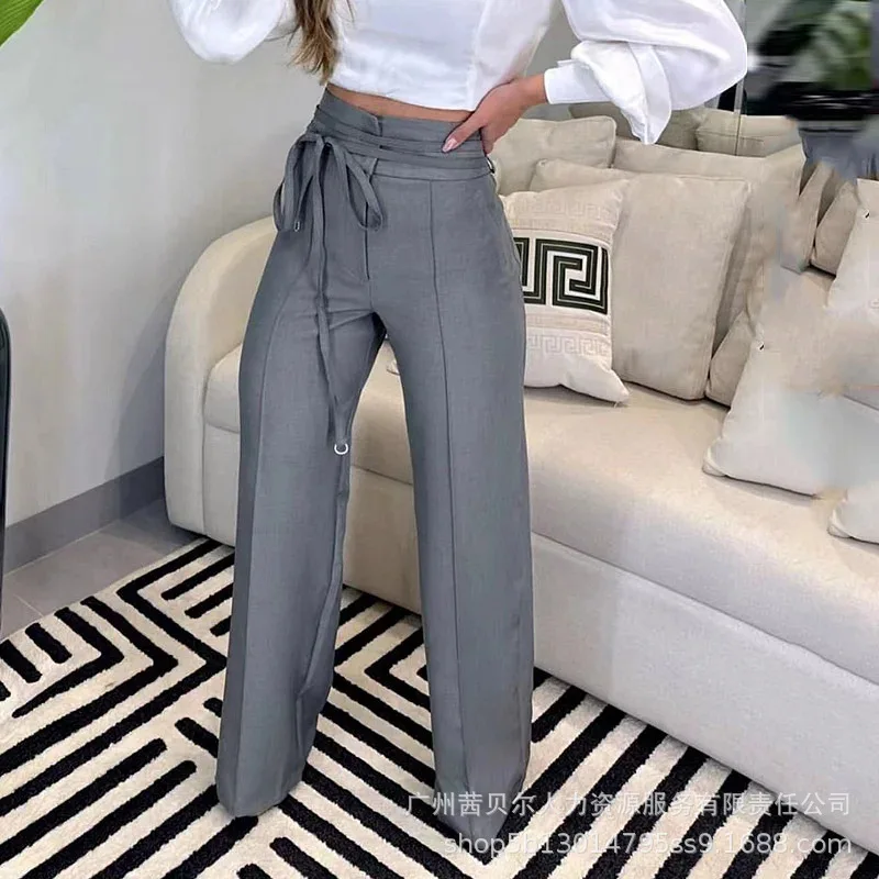 

Wepbel Gray Office Lady Pants Women High Waist Lace-up Leisure Suit Pants Solid Color Wide Leg Tied Detail Straight Work Pants