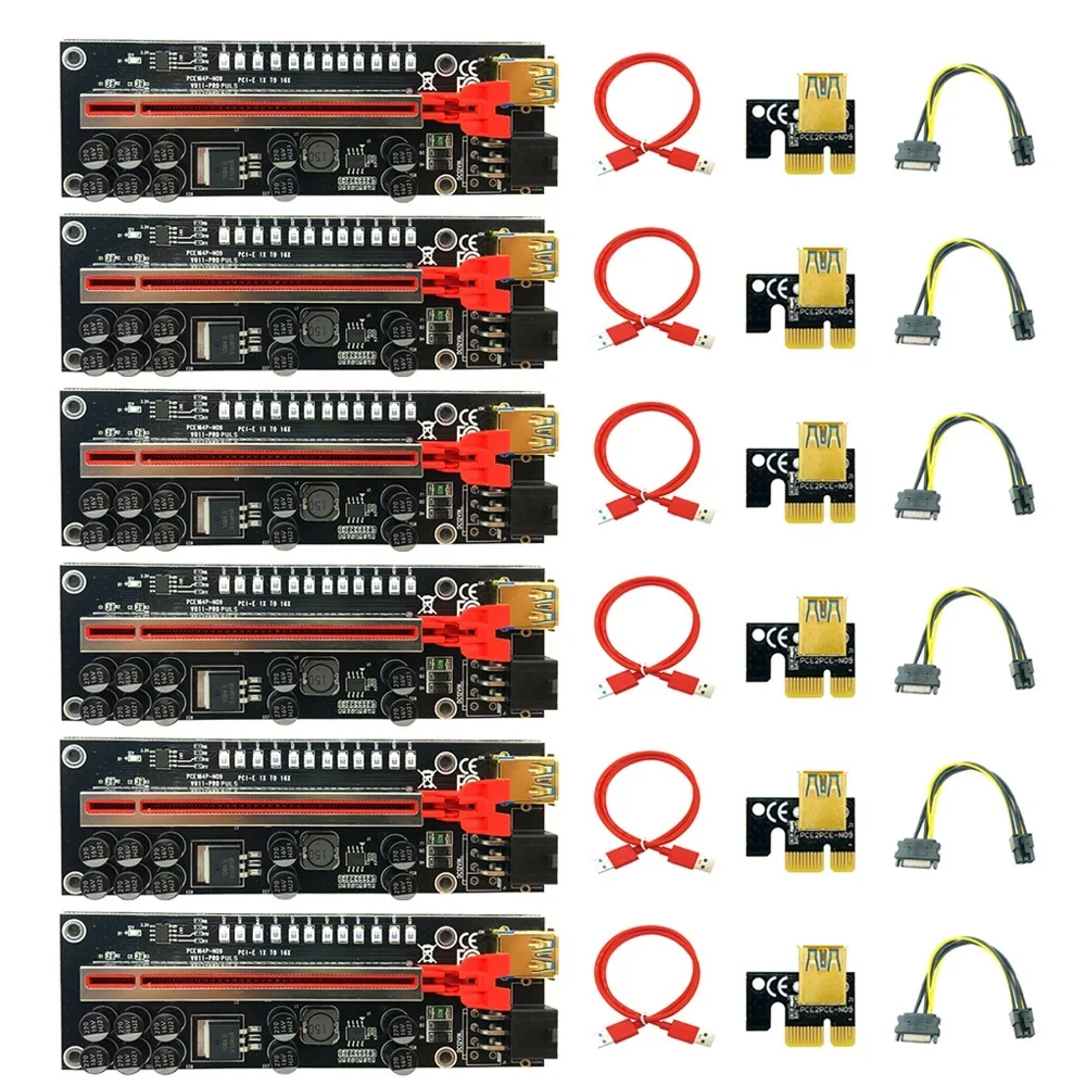 

Новинка 6 шт. Райзер V011 Pro Plus PCIE Райзер для видеокарты Райзер PCI Express x16 SATA для питания 6P USB 3,0 кабель для майнинга биткоинов