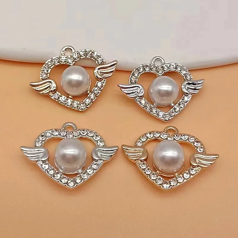 

10pcs Pearl Bead Angel Wings Guardian Charms For Jewelry Making Supplies Wholesale Items In Bulk Silver Color Metal DIY Pendants