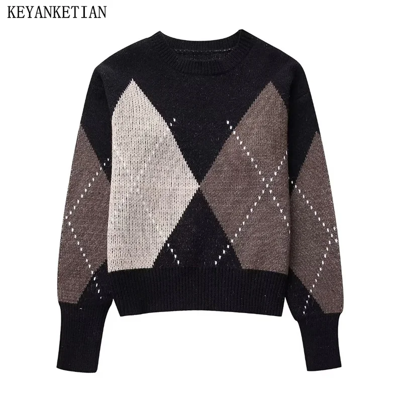 

KEYANKETIAN Winter New Women's Unisex style Argyle Jacquard Sweater Pullover Padded O-Neck Long Sleeve Loose Knitted Crop Top