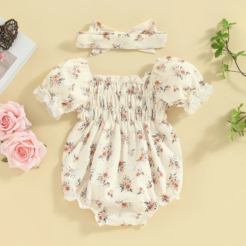 Newborn Baby Girls Floral Romper Puff Short Sleeve Ruched Bodysuit Smocked Jumpsuit with Headband Summer Clothes
Newborn Baby Girls Floral Romper Puff Short Sleeve Ruched Bodysuit Smocked Jumpsuit with Headband Summer Clothes
