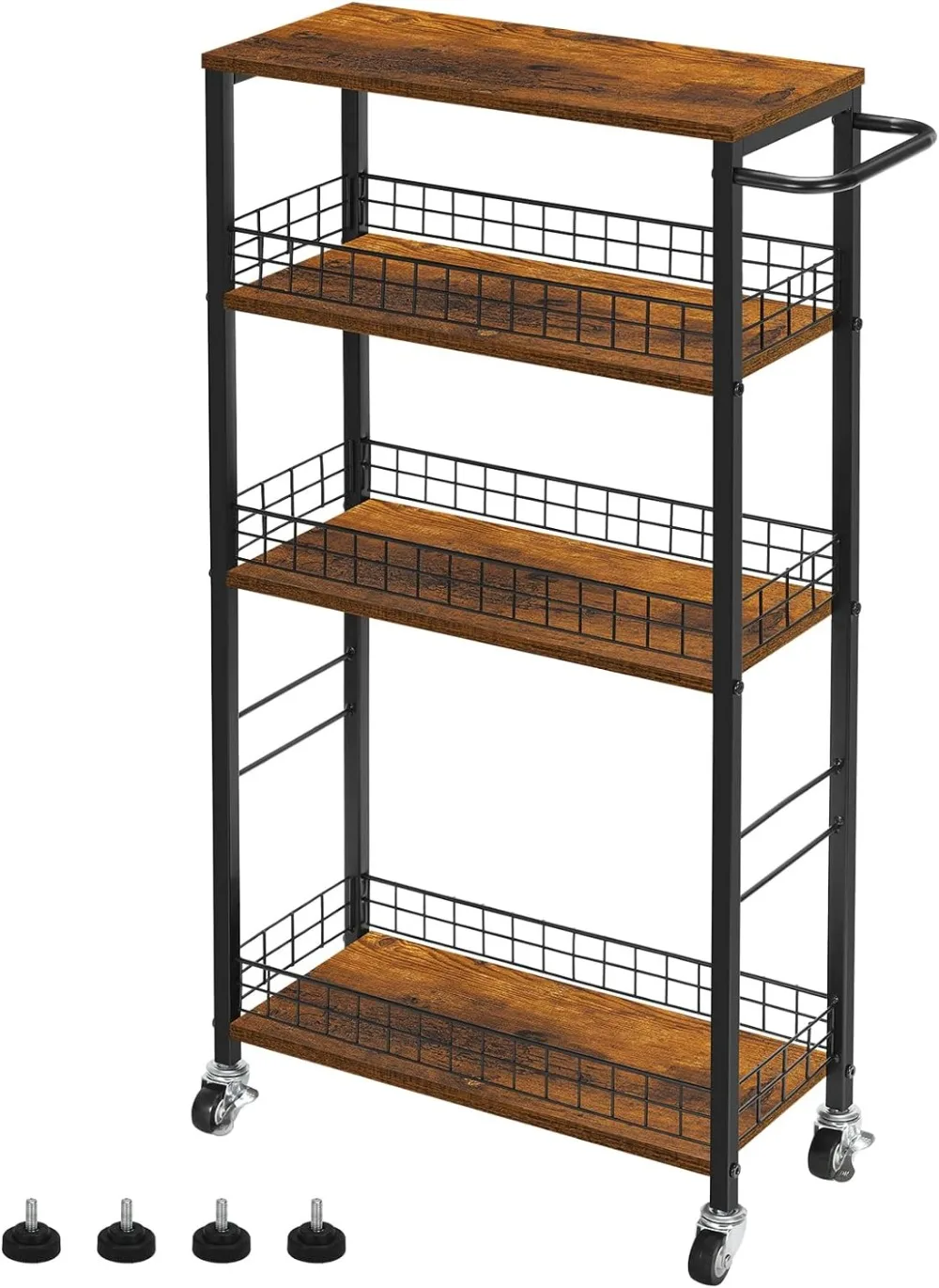 

YBING Slim Storage Cart 4 Tier Kitchen Rolling on Wheels Mobile Narrow with Wooden Tabletop Slide Out Utility