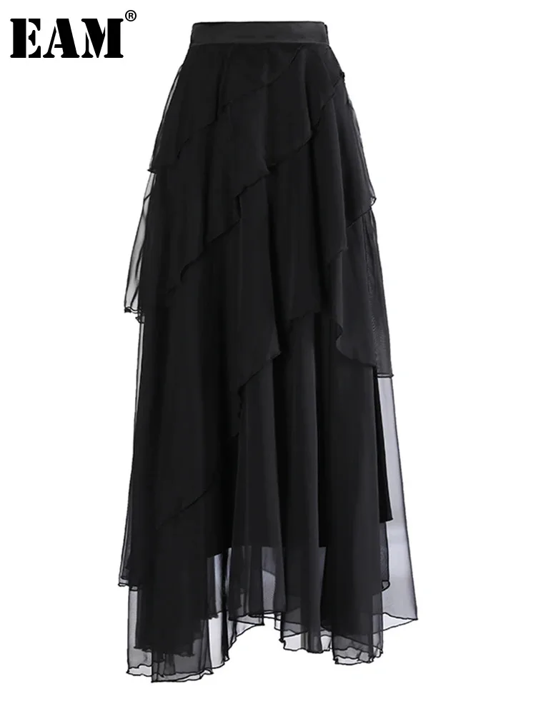

[EAM] High Waist Black Irregular Chiffon Spliced Long Casual Half-body Skirt Women Fashion Tide New Spring Autumn 2024 1DH5389