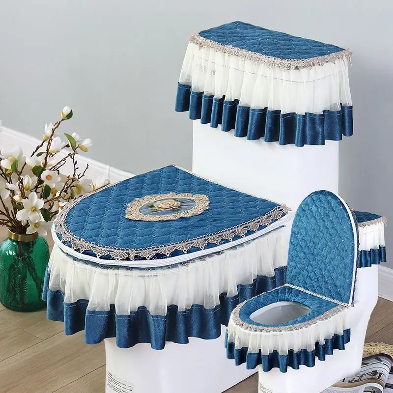 

3 Piece Toilet Set Household Lace Fabric Zipper Pedestal Ring Pad All Edge Covered Type U-Shaped Set Cover Toilet Cover