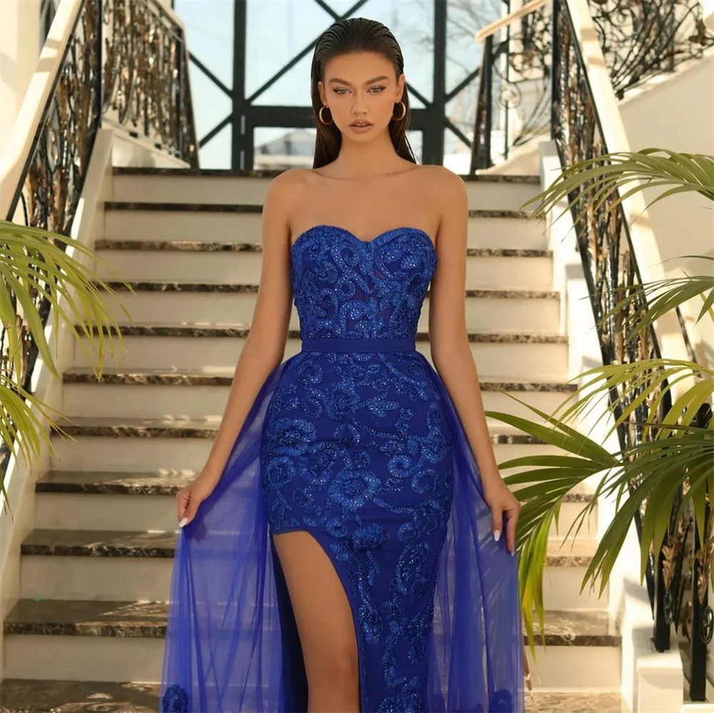 

Fashionable Blue Lace Prom Gowns Sheath Sweetheart Applique Becding Backless Zipper Women's Elegant Sexy Evening Dress