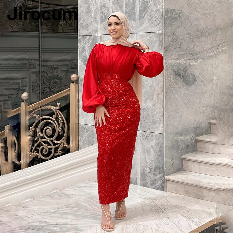 

Jirocum Elegant Muslim Sparkling Mermaid Prom Dress Women's O Neck Sequin Party Evening Gown Ankle Length vestidos de fiesta