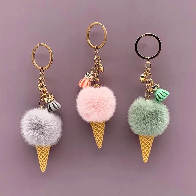 

Creative Ice Cream Keychain Plush Pompom Key Chain Keyrings for Women Key Holder Car Bag Pendant Accessories Girls Jewelry Gifts