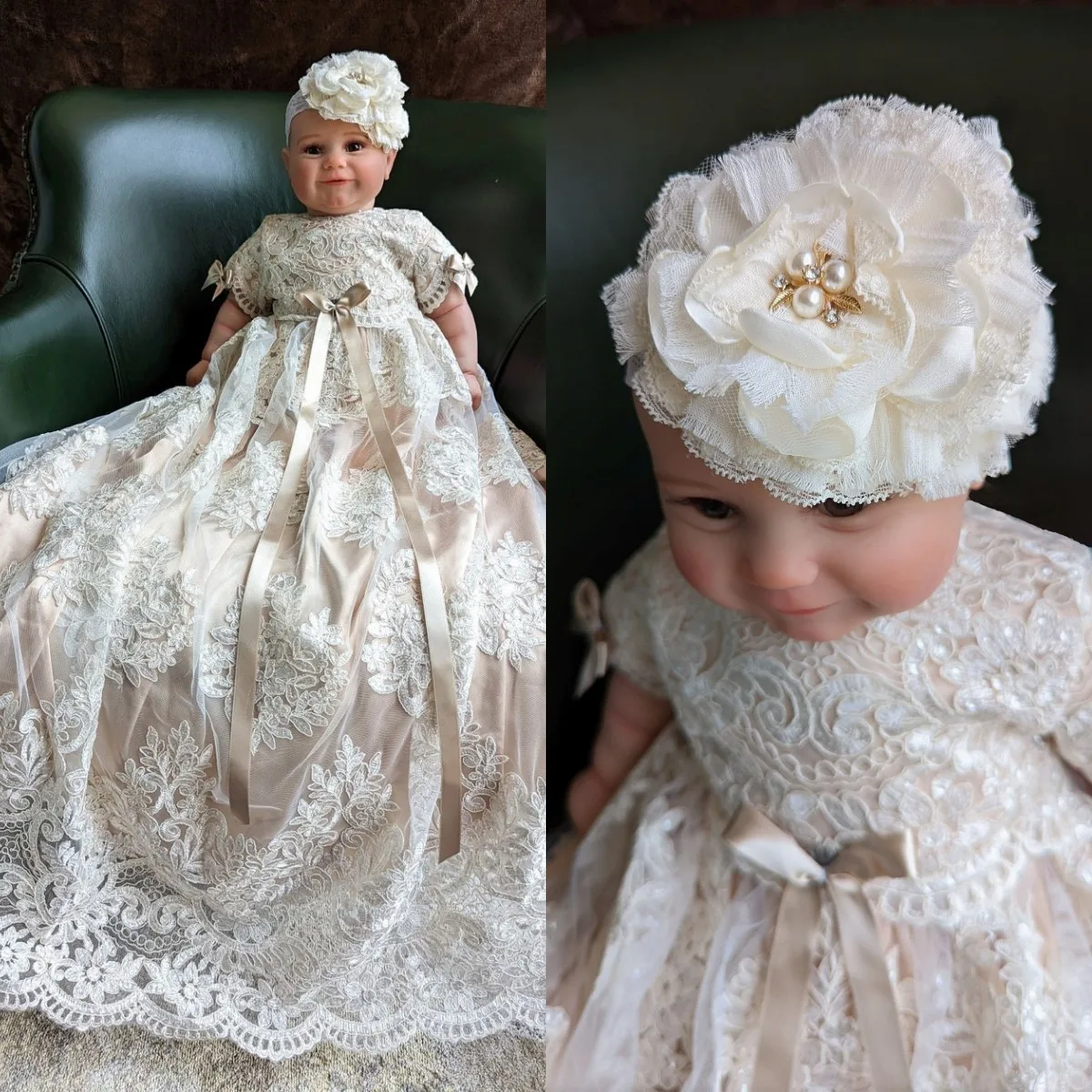 

Lace Christening Gown for Baby Girls Champagne Underneath First Communion Dress Toddler Infant Baptism Gowns
