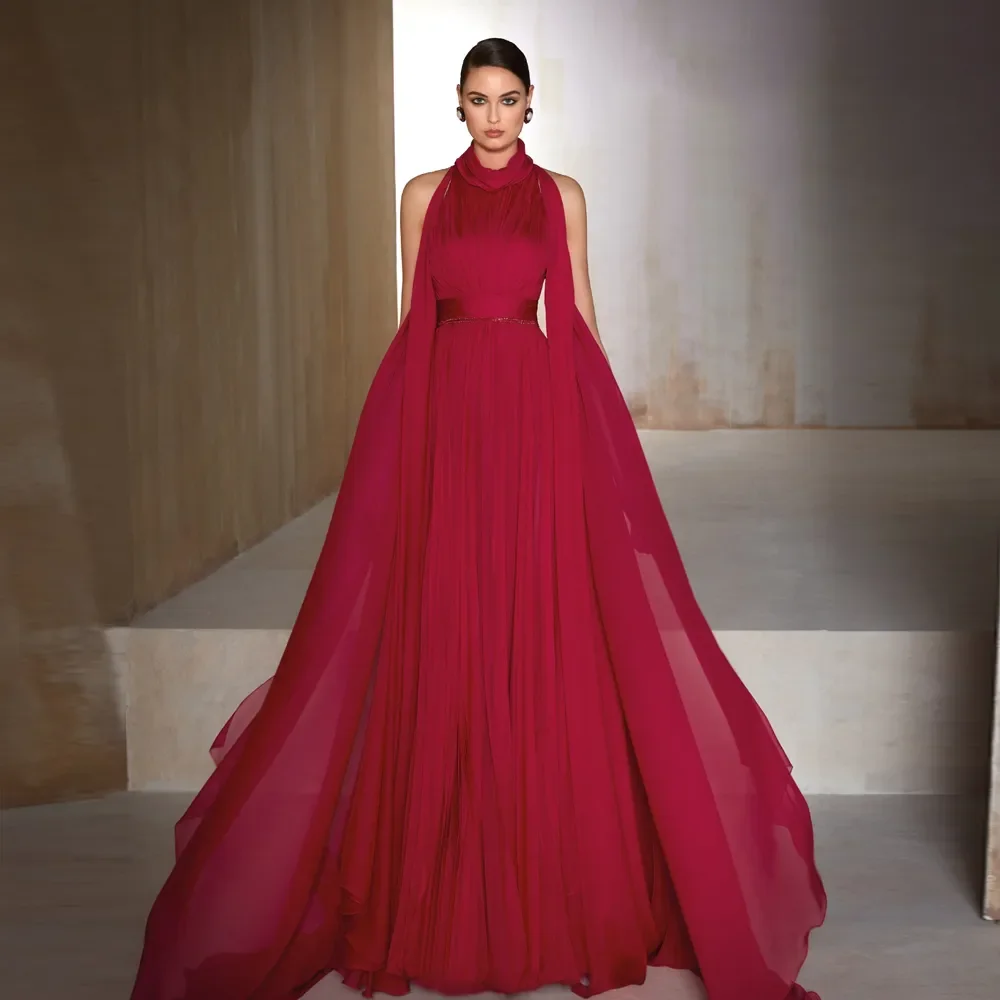 Elegant New High Neck A Line Evening Dresses V Cut Back Prom Gowns Chiffon Draped Bohemian Formal Dress 
Elegant New High Neck A Line Evening Dresses V Cut Back Prom Gowns Chiffon Draped Bohemian Formal Dress