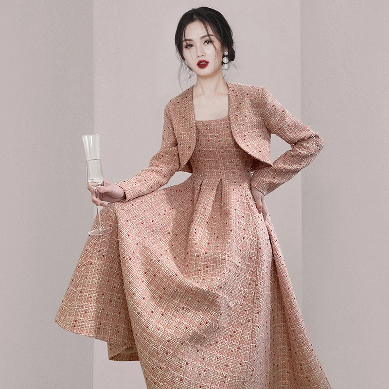 Women Tweed Dress Set 2023 Autumn and Winter New Tweed Cropped Jacket + Long Tweed Dress Luxury Elegant Korean Pink 2 Piece Set
Women Tweed Dress Set 2023 Autumn and Winter New Tweed Cropped Jacket + Long Tweed Dress Luxury Elegant Korean Pink 2 Piece Set