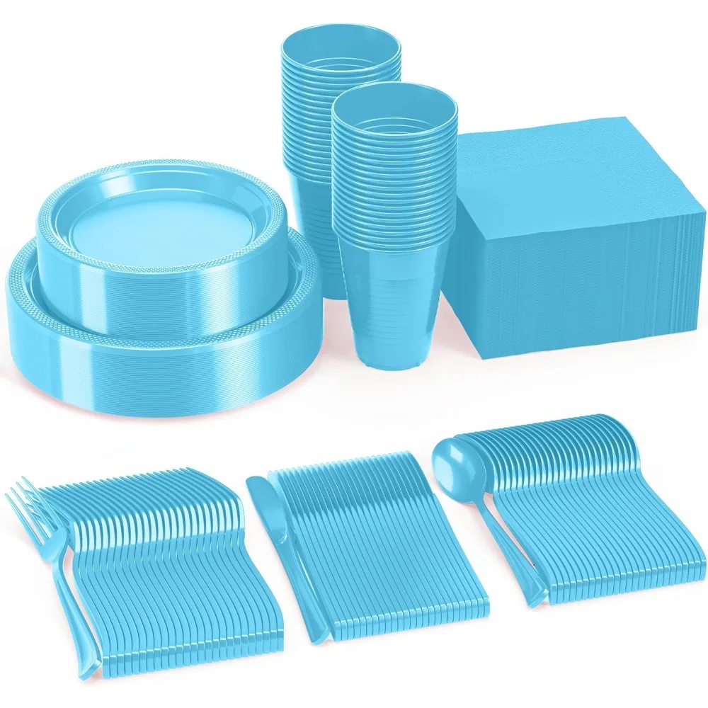 

350 Pcs Plastic Dinnerware Set Includes 50 Of Each 9" Light Blue Plastic Dinner Plates | 7" Plastic Dessert Plates