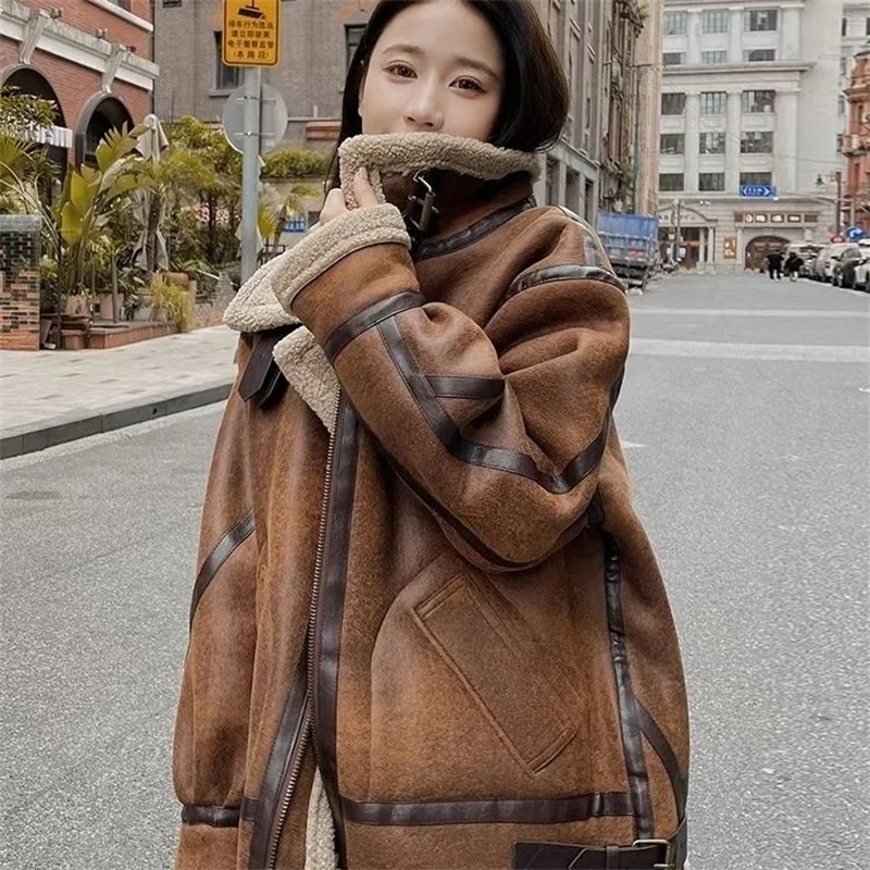 

Women Lamb Wool Fur Jacket Autumn Winter New Stand Collar Thicken Warm Coats Korean Loose Locomotive Overcoat Female Plush Coat