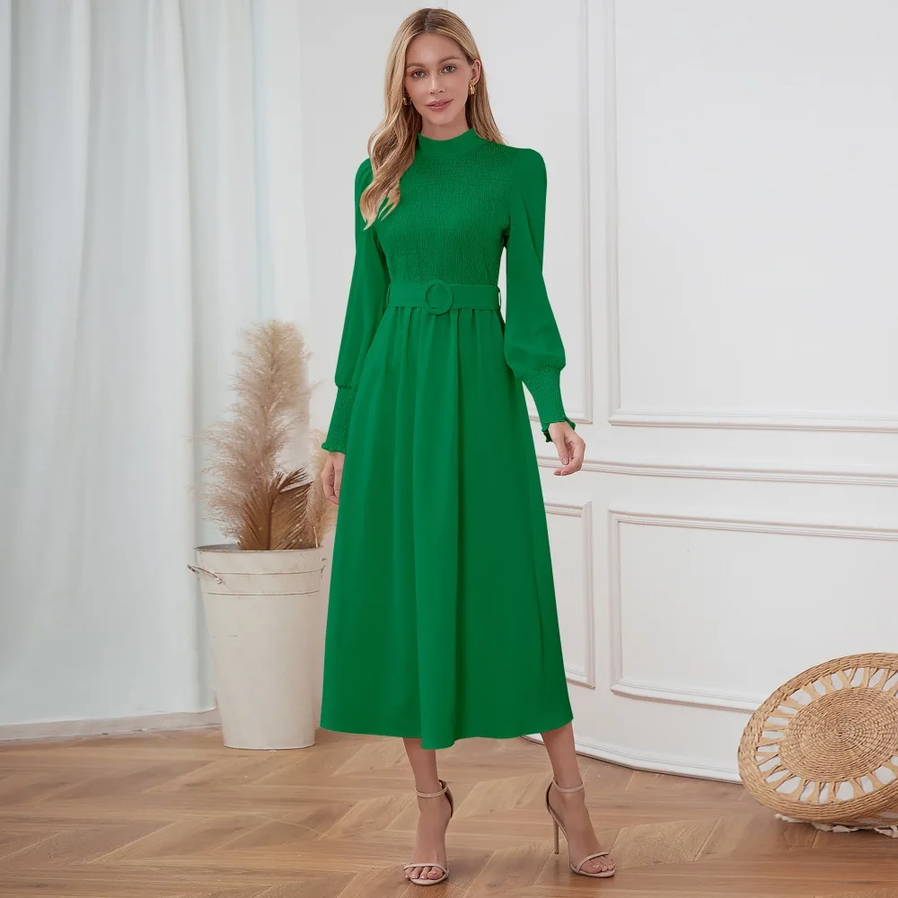 

Cross Border Trade Between Europe and America Solid Color Slim Fitting Stand Up Collar Slimming Mid Length Leisure Female Dress