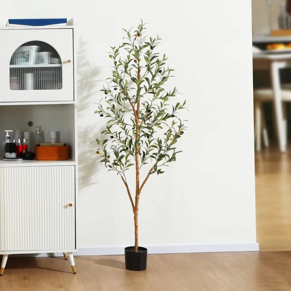 

5 ft Artificial Olive Plants with Realistic Leaves and Natural Trunk, Silk Fake Potted Tree with Wood Branches and Fruits