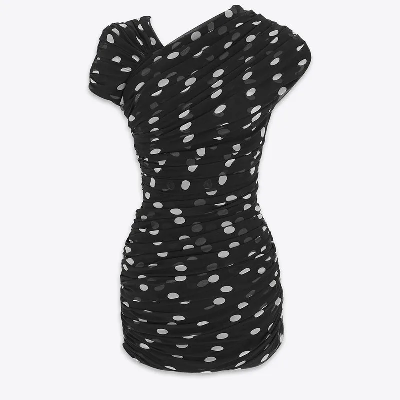 

Top Quality Polka Dot Draped Bag Hip Dress Retro Classic Women's Short Sleeve Mini Dresses 24 Summer New High End Clothes Runway