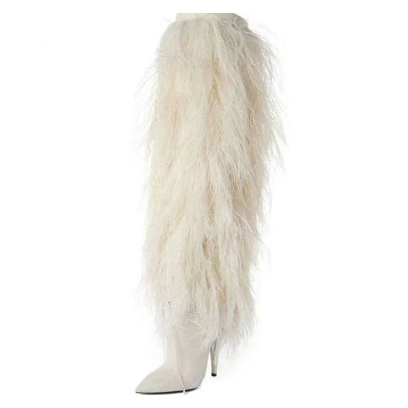 

White Feather Fringe Women Boots 2022 Sexy Pointed Toe Full Fur Thigh High Boots Thin Heels Suede Zip Runway Over The Knee Botas